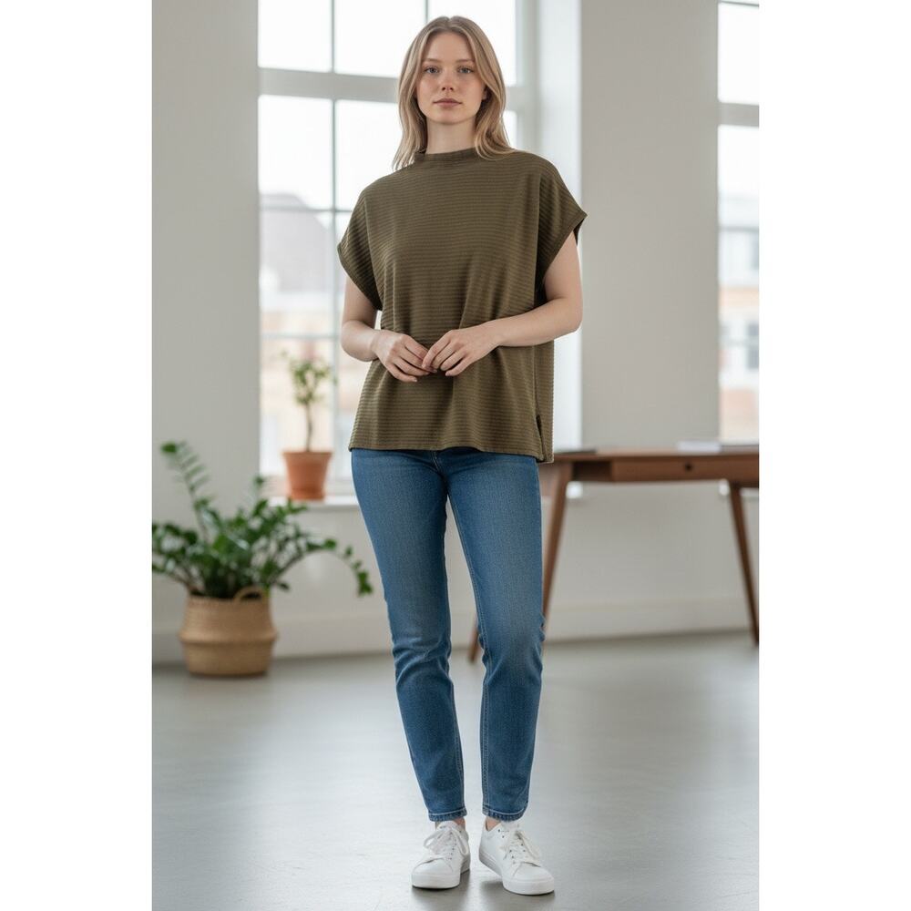 Madewell Boxy Textured Olive Green Mock Neck Top Size Large GUC - Picture 2 of 7